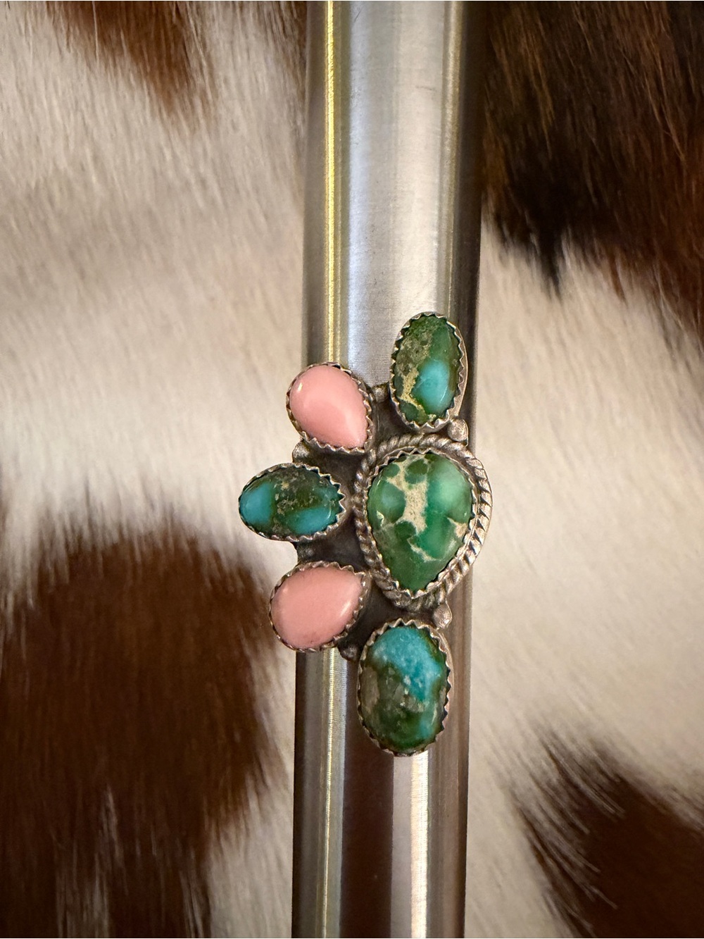 ❤️ Sonoran Gold Turquoise & Pink Conch ADJ 4.5 - 8.6 Statement Ring Matte 925 - Picture 10 of 15